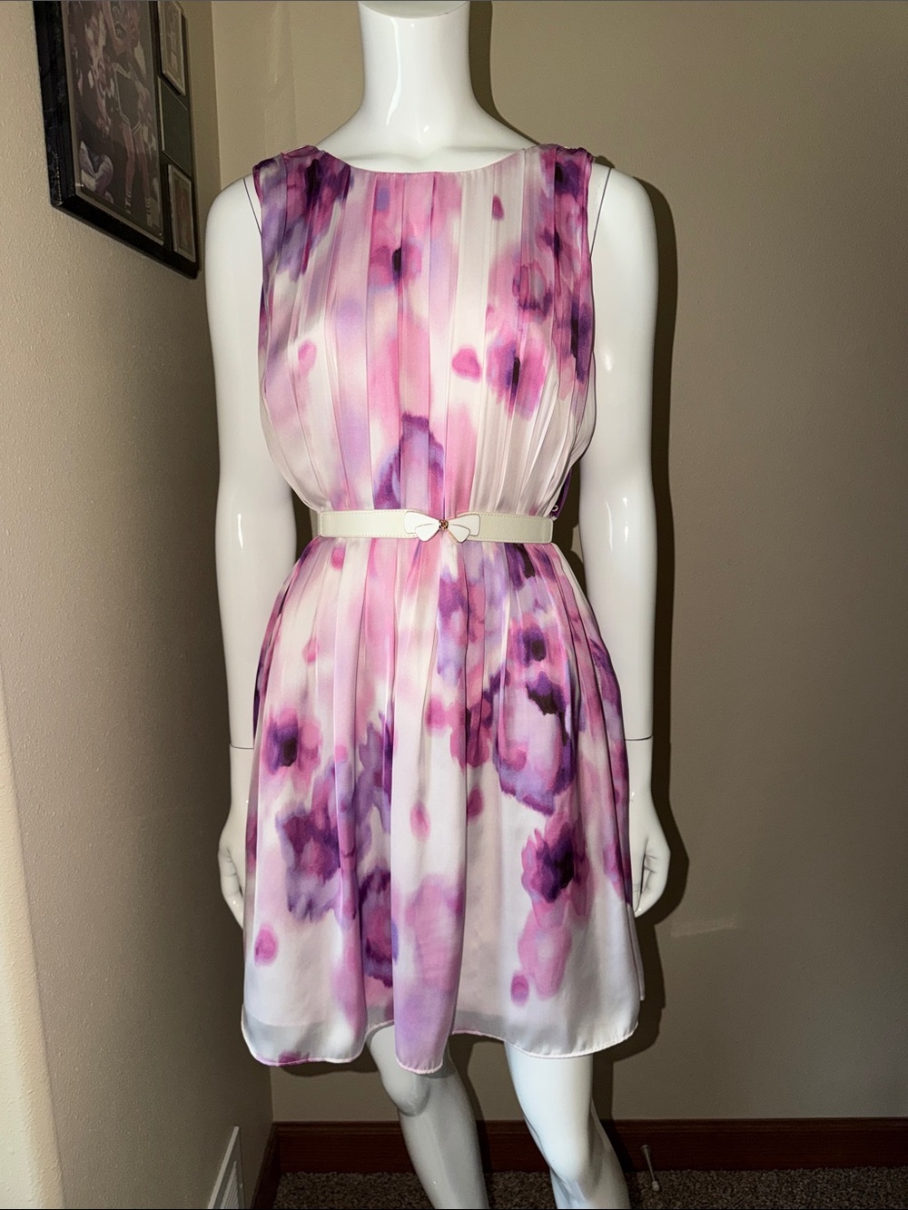 Jennifer Lopez, Watercolor Pink & Purple Pleated Chiffon Dress, size 8
